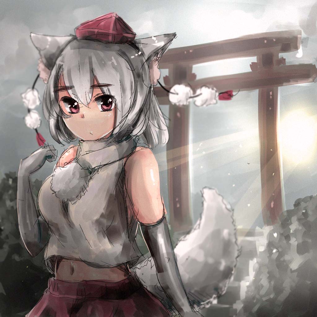 1girl animal_ears bare_shoulders breasts detached_sleeves hat inubashiri_momiji iwasaki_mahiro looking_at_viewer midriff navel pom_pom_(clothes) red_eyes short_hair silver_hair solo tail tokin_hat touhou wolf_ears wolf_tail