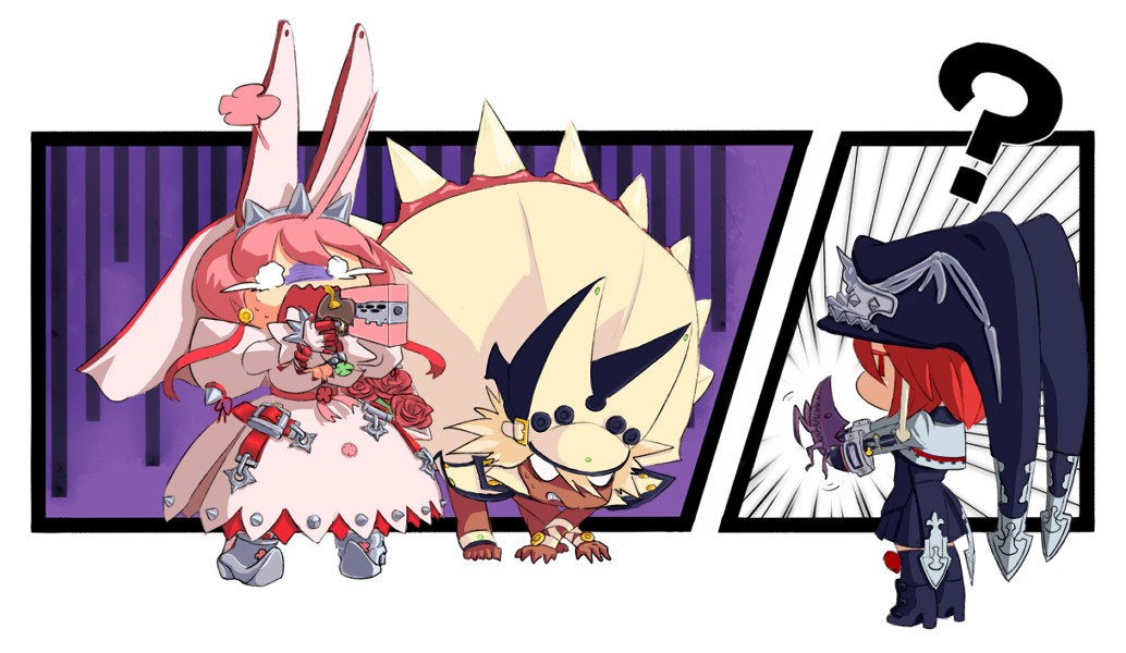 chabo_(pmajpmaj) chibi commentary_request elphelt guilty_gear guilty_gear_xrd gun ramlethal_valentine valentine_(guilty_gear) wavy_mouth weapon