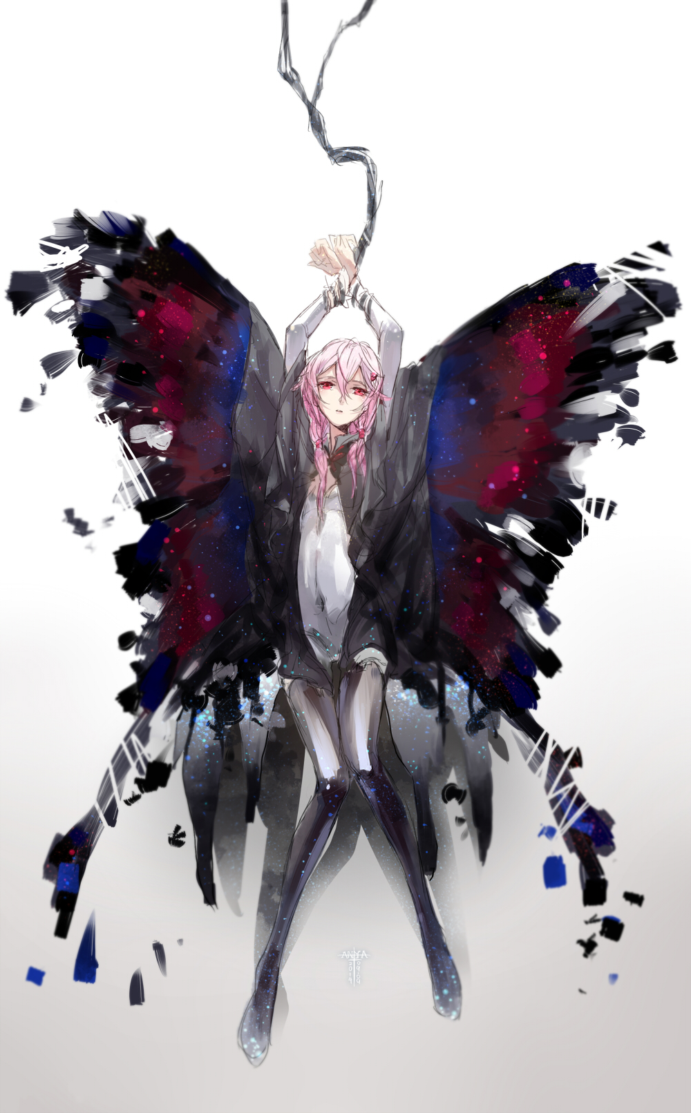 1girl anya_(1218) black_legwear breasts butterfly_wings guilty_crown hair_ornament hairclip highres long_hair looking_at_viewer open_mouth pink_hair red_eyes solo thigh-highs twintails wings yuzuriha_inori