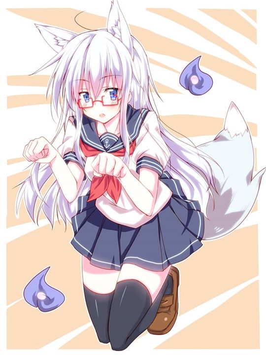 1girl animal_ears blue_eyes blue_fire blush fire fox_ears fox_tail full_body glasses hibiki_(kantai_collection) kantai_collection long_hair narumiya_(empty_cafe) open_mouth red-framed_glasses silver_hair tail