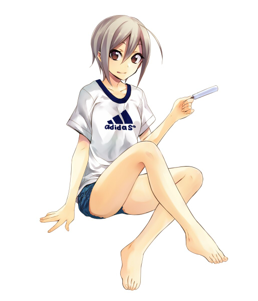 1girl adidas brown_eyes holding looking_at_viewer original popsicle short_hair shorts silver_hair simple_background sitting solo suisen white_background