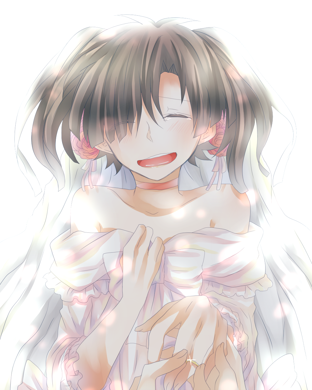 1girl black_hair closed_eyes dress enomoto_takane happy highres jewelry kagerou_project long_hair negi_(ngng_9) ring smile solo_focus tears twintails veil