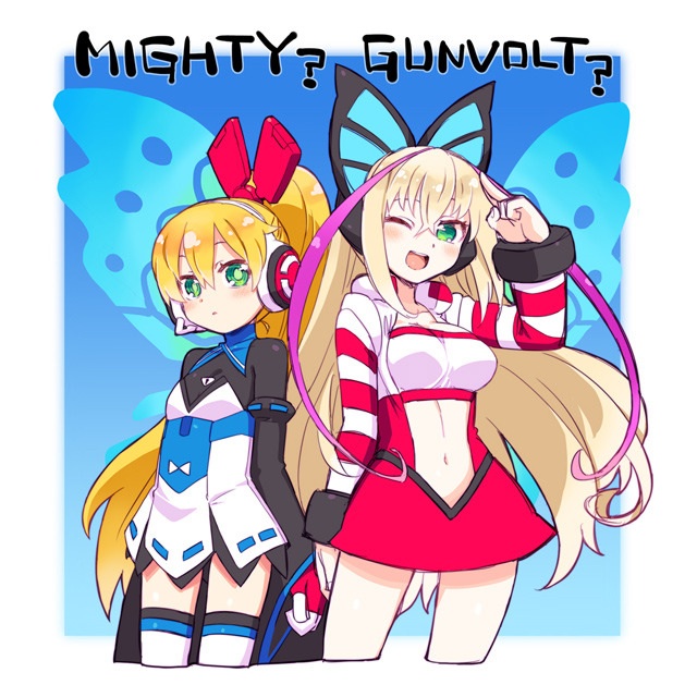 2girls ;) azure_striker_gunvolt blonde_hair call_(mighty_no._9) call_f cosplay costume_switch creator_connection crossover duplicate green_eyes headphones long_hair lumen_(gunvolt) mighty_no._9 multiple_girls natsume_yuuji official_art one_eye_closed ponytail salute smile striped_sleeves