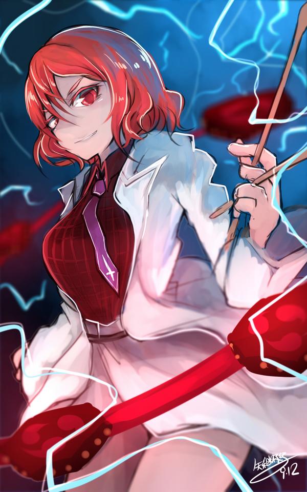 1girl between_fingers breasts collared_shirt colored_eyelashes drum drumsticks eyebrows grin holding horikawa_raiko instrument jacket large_breasts lightning necktie open_clothes open_jacket plaid plaid_shirt pointy_nose red_eyes redhead short_hair signature skirt smile solo storm_cloud teko thigh-highs touhou white_jacket white_skirt