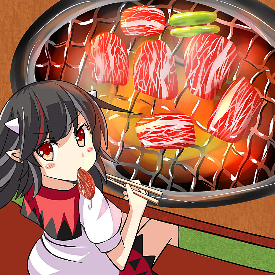 1girl black_hair chopsticks food from_above holding horns kijin_seija looking_at_viewer looking_up meat multicolored_hair oimonocake pointy_ears red_eyes solo touhou two-tone_hair