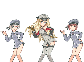 3girls auburn_hair bare_shoulders bismarck_(kantai_collection) blonde_hair blue_eyes blush bottomless brown_hair clothes_writing elbow_gloves gloves grey_legwear hat kantai_collection kuavera long_sleeves lowres military military_uniform multiple_girls open_mouth pixel_art pointing sailor_hat silver_hair simple_background sleeveless thigh-highs transparent_background uniform z1_leberecht_maass_(kantai_collection) z3_max_schultz_(kantai_collection) zettai_ryouiki