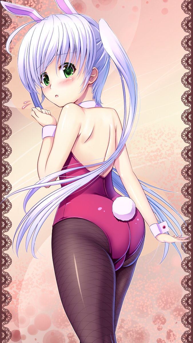 1girl animal_ears ass bunny_tail bunnysuit detached_collar fishnet_pantyhose fishnets fortune_arterial green_eyes highres koromia long_hair pantyhose rabbit_ears tail tougi_shiro twintails white_hair wrist_cuffs