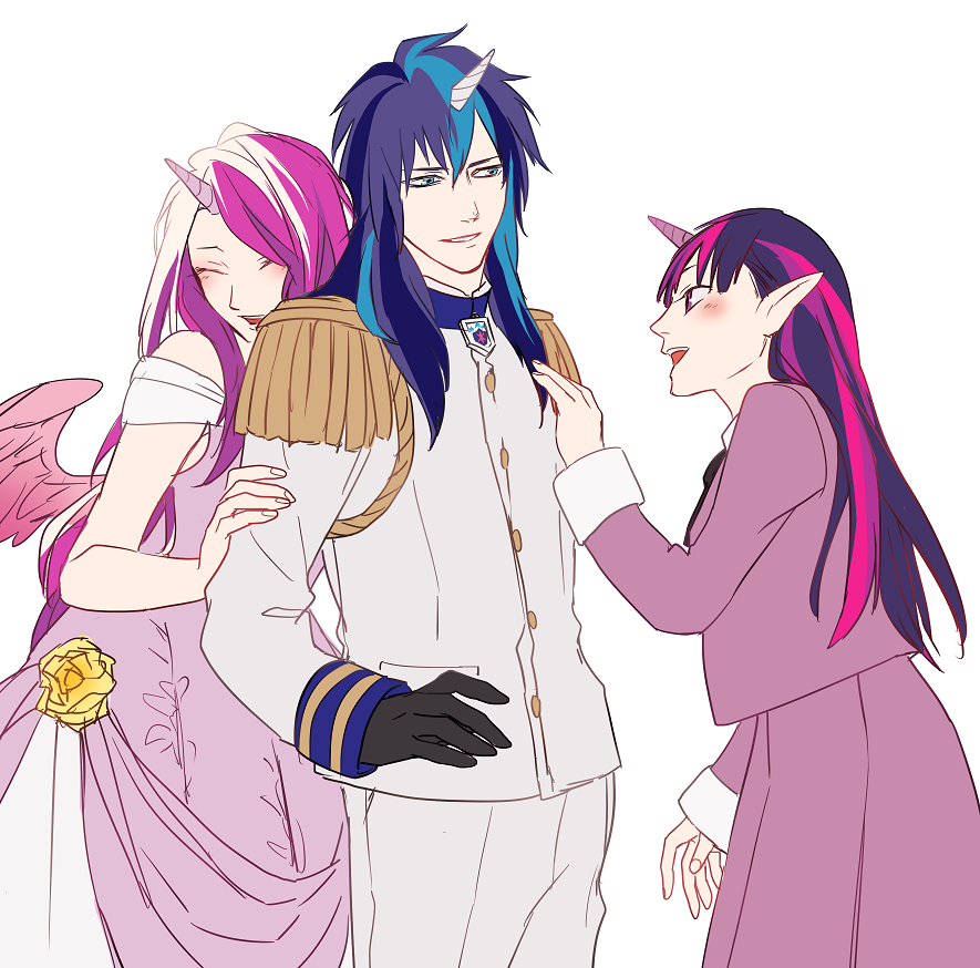 1boy 2girls black_gloves blue_hair brother_and_sister closed_eyes cuddling dress epaulettes gloves horn long_hair multicolored_hair multiple_girls my_little_pony my_little_pony_friendship_is_magic otani_(gloria) pink_hair pointy_ears princess_mi_amore_cadenza purple_hair shining_armor siblings side twilight_sparkle two-tone_hair uniform white_background wings