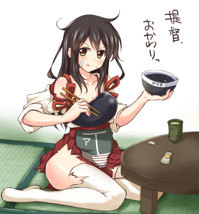 &gt;:q 1girl :q akagi_(kantai_collection) armor bandage_on_face bowl brown_eyes brown_hair chopsticks cup food food_on_face japanese_clothes jiino kantai_collection long_hair looking_at_viewer messy_hair muneate rice_on_face sitting solo table takuan tatami teacup thigh-highs tongue tongue_out torn_clothes torn_thighhighs translated