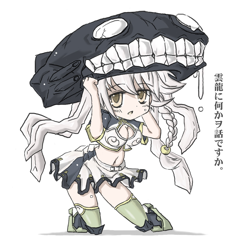 1girl braid breasts chestnut_mouth cleavage cleavage_cutout green_legwear hair_ornament hands_on_headwear hat holding kakkin kantai_collection large_breasts light_brown_eyes long_hair looking_up navel open_mouth shadow single_braid skirt solo tentacles thigh-highs translation_request turret unryuu_(kantai_collection) white_hair white_skirt wo-class_aircraft_carrier wo-class_aircraft_carrier_(cosplay)
