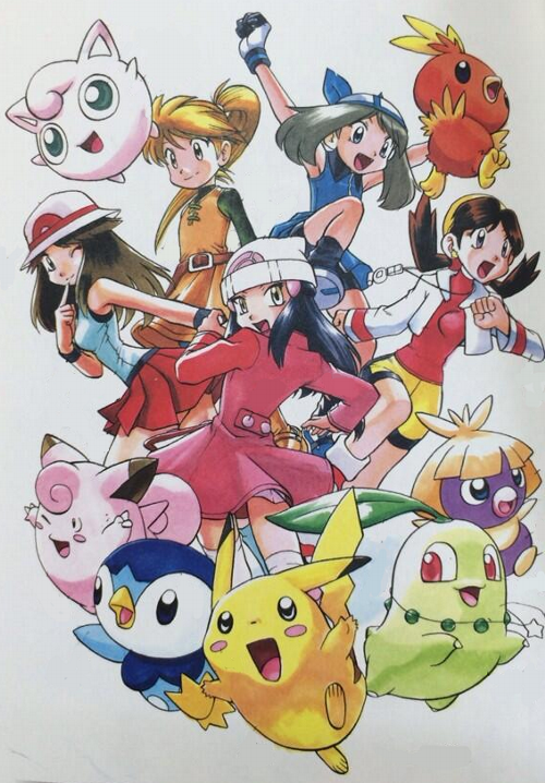 5girls blue_(pokemon) chikorita clefairy crystal_(pokemon) hat jigglypuff multiple_girls odamaki_sapphire official_art pikachu piplup platinum_berlitz pokemon pokemon_(creature) pokemon_special smoochum tagme torchic white_background yamamoto_satoshi yellow_(pokemon)