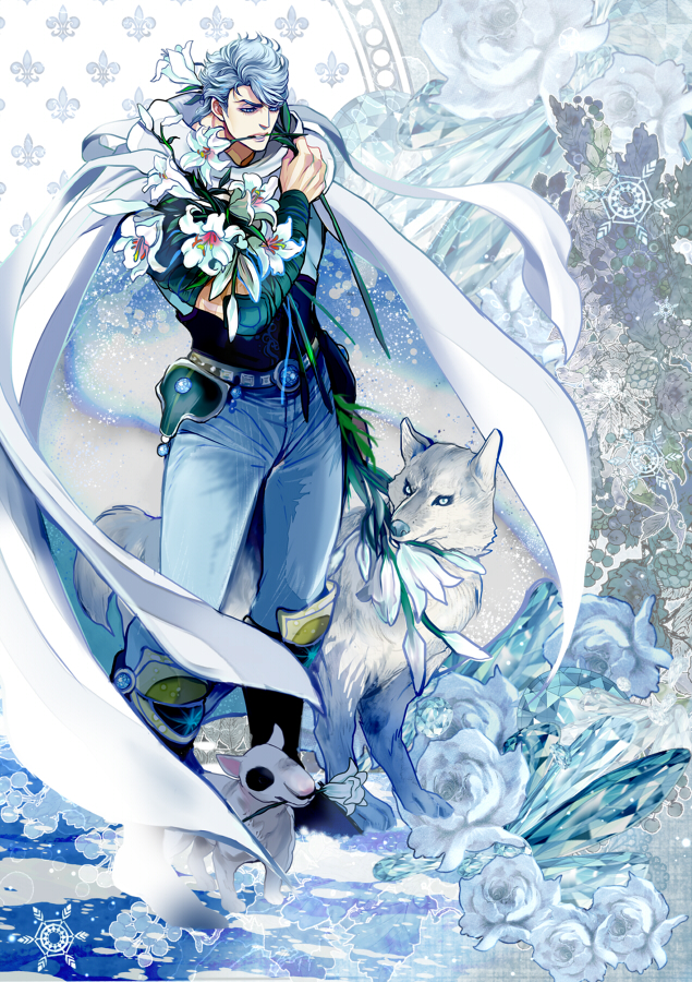 1boy blue_hair cape dog flower hokuto_no_ken isi88 ryuga short_hair wolf