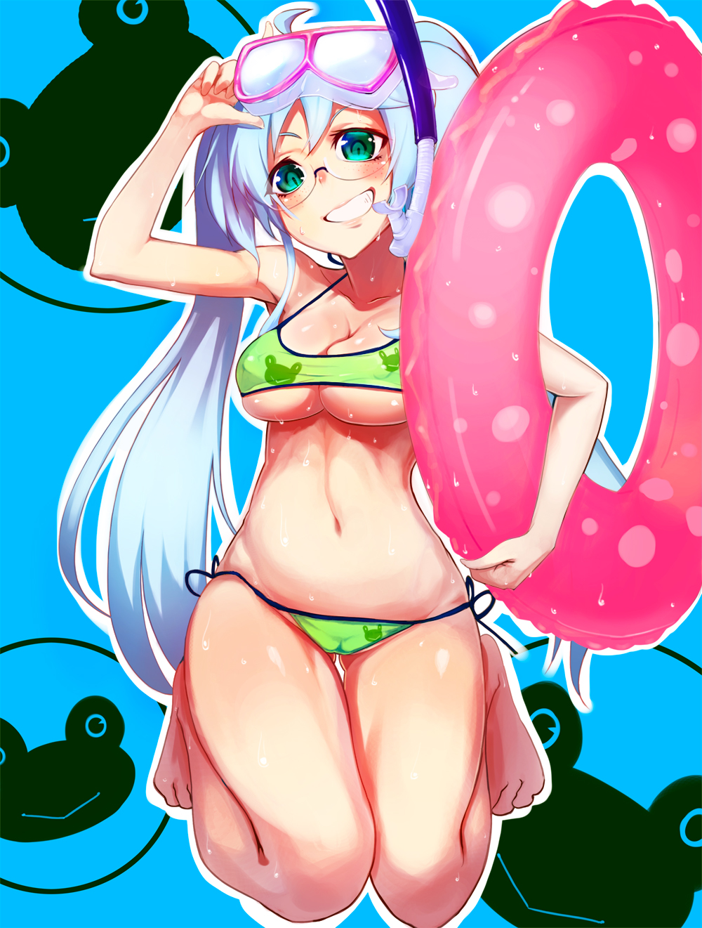 1girl bikini blue_hair diving_mask green_eyes highres hiraga_gennai_(sengoku_collection) innertube long_hair mantarou sengoku_collection snorkel swimsuit twintails