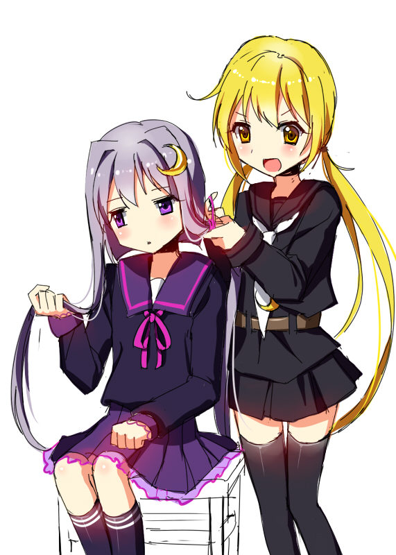 2girls :d black_legwear black_skirt blonde_hair blouse blush cnm crescent_hair_ornament frilled_skirt frills hair_ornament hairdressing holding_hair kantai_collection long_sleeves low_twintails multiple_girls neckerchief open_mouth pleated_skirt purple_hair purple_legwear purple_skirt sailor_collar satsuki_(kantai_collection) school_uniform serafuku short_hair short_hair_with_long_locks simple_background sitting skirt smile twintails violet_eyes white_background yayoi_(kantai_collection) yellow_eyes