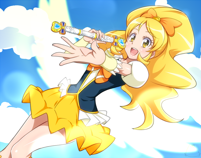 1girl blonde_hair bow clouds cure_honey hair_bow happinesscharge_precure! jabara921 looking_at_viewer magical_girl oomori_yuuko open_mouth ponytail precure skirt sky solo yellow_eyes yellow_skirt