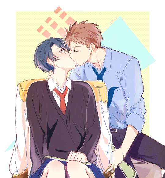 1boy 1girl apfl0515 blue_hair blush brown_hair couple gekkan_shoujo_nozaki-kun hori_masayuki kashima_yuu kiss reverse_trap short_hair sitting