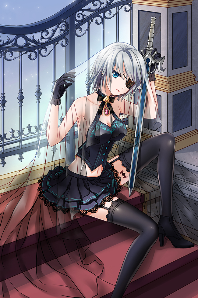 1girl backless_outfit blue_eyes eyepatch fence flower garter_straps gloves high_heels holding iri_flina jewelry midriff navel ribbon shoes short_hair silver_hair sitting skirt solo stairs sword sword_girls thigh-highs veil weapon