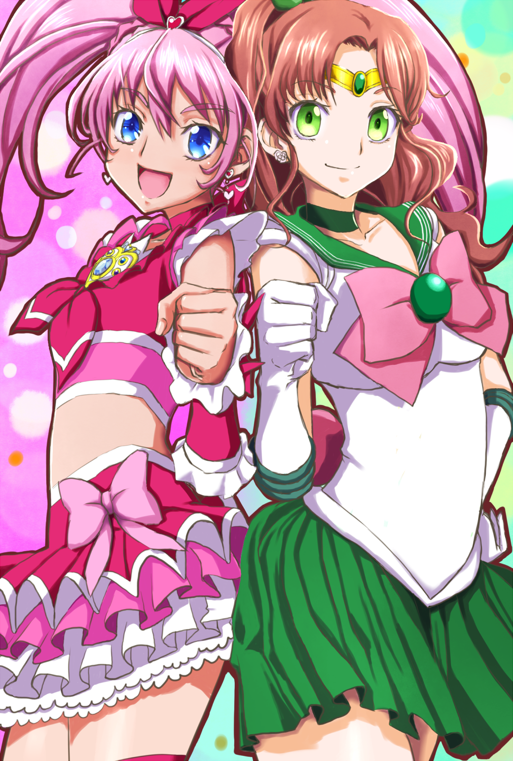 2girls amawa_kazuhiro bishoujo_senshi_sailor_moon bishoujo_senshi_sailor_moon_crystal blue_eyes blush braid brown_hair choker company_connection cure_melody detached_sleeves earrings eyelashes frilled_shirt frilled_skirt frills gloves green_eyes green_skirt hair_ornament hair_ribbon happy highres houjou_hibiki jewelry kino_makoto koshimizu_ami long_hair looking_at_viewer magical_girl midriff multiple_girls open_mouth pink_hair pink_shirt pink_skirt ponytail precure ribbon sailor_jupiter sailor_senshi seiyuu_connection shirt single_braid skirt smile standing suite_precure tiara touei twintails white_gloves wrist_cuffs