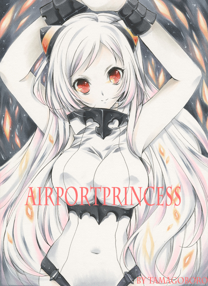 1girl airfield_hime arms_up artist_name bare_shoulders bracer breasts character_name covered_navel fire horns kantai_collection leotard long_hair looking_at_viewer red_eyes shinkaisei-kan smile solo tamagoboro very_long_hair white_hair white_skin