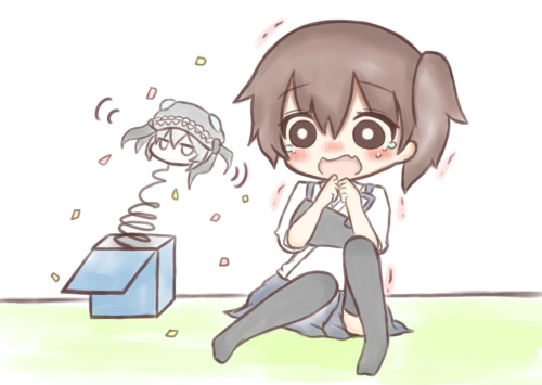 1girl armor brown_eyes brown_hair commentary confetti fang jack-in-the-box jakoo21 japanese_clothes kaga_(kantai_collection) kantai_collection lowres monster muneate open_mouth pale_skin shinkaisei-kan side_ponytail silver_hair sitting solo tears tentacles thigh-highs trembling wo-class_aircraft_carrier