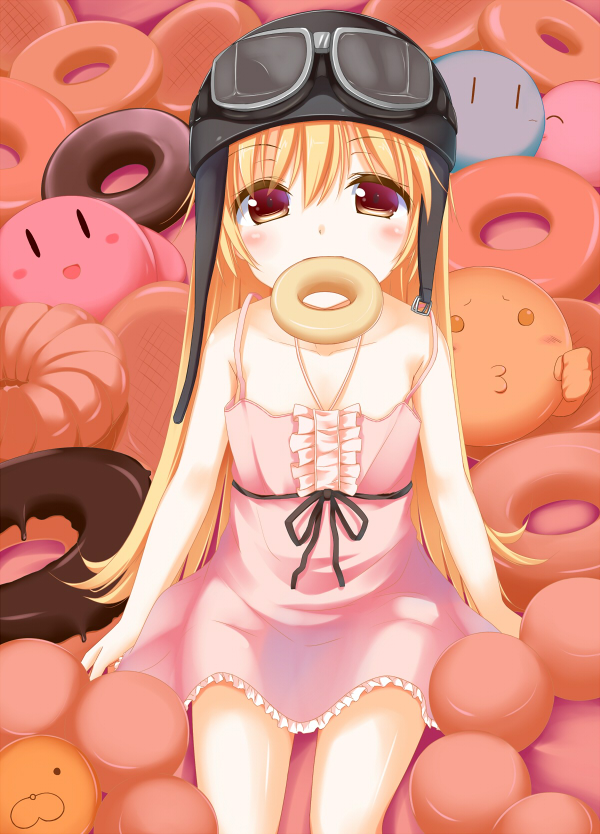 1girl blonde_hair blush brown_eyes clannad cowboy_shot dango dango_daikazoku doughnut dress food goggles goggles_on_head helmet kirby kirby_(series) kue long_hair looking_at_viewer mister_donut monogatari_(series) mouth_hold ninin_ga_shinobuden nisemonogatari onsokumaru oshino_shinobu pink_dress pon_de_lion sitting solo very_long_hair wagashi