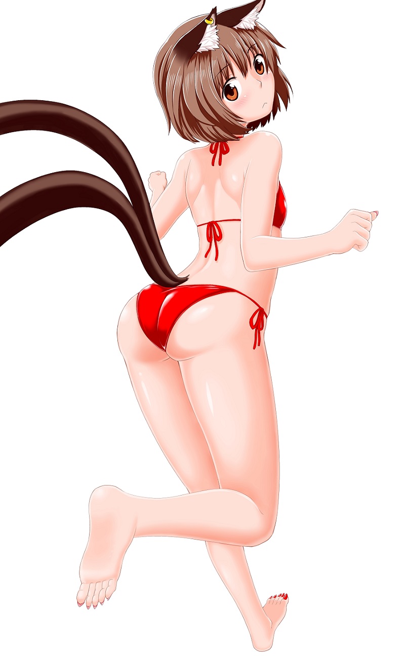 1girl animal_ears ass back bikini brown_hair cat_ears cat_tail chen from_behind highres legs legs_together looking_back poronegi red_bikini red_eyes red_swimsuit short_hair side-tie_bikini solo swimsuit tail thighs touhou white_background