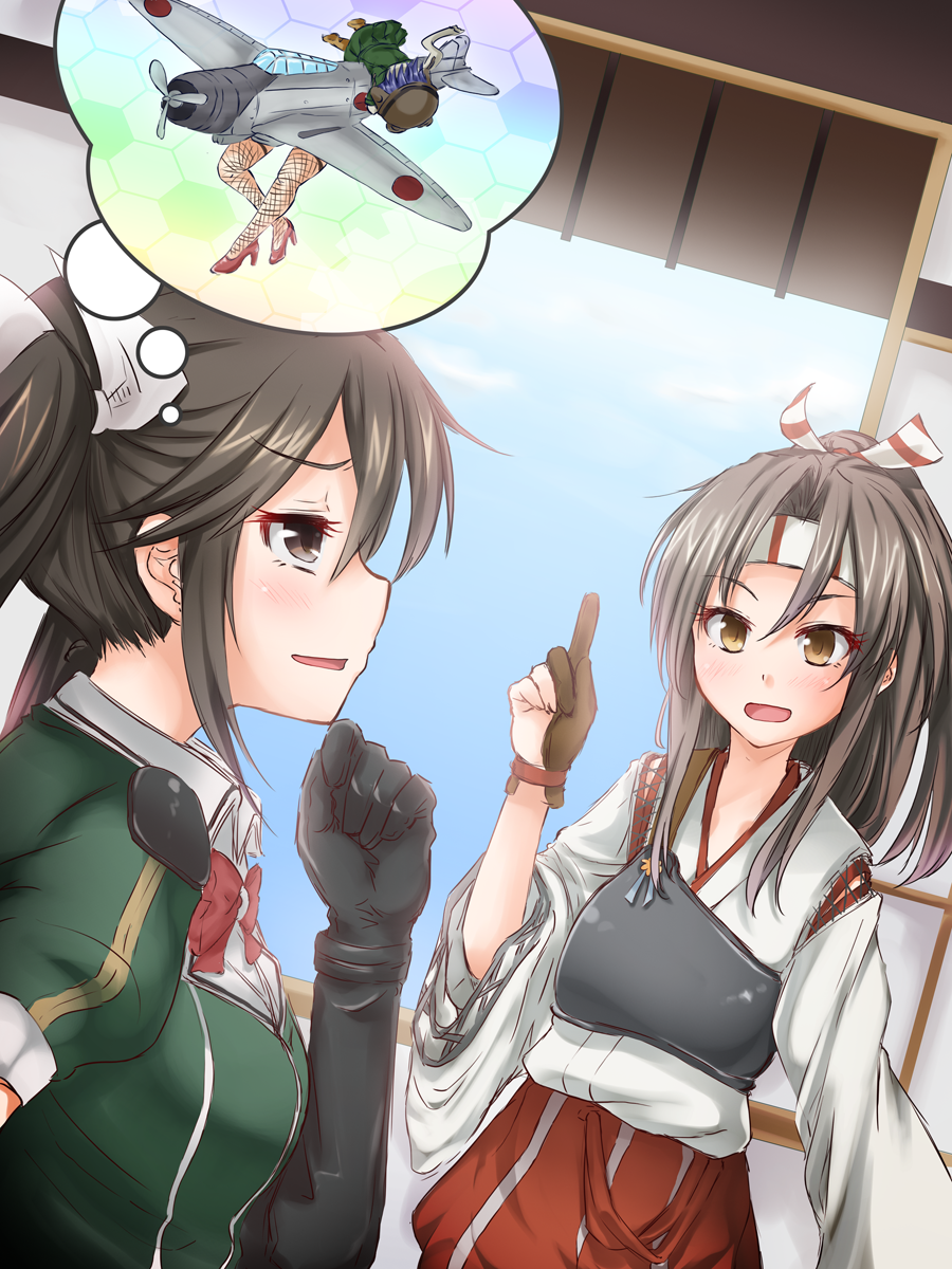 airplane anti_(untea9) black_hair blush brown_eyes brown_hair elbow_gloves gloves hachimaki hair_ribbon headband high_ponytail highres japanese_clothes kantai_collection long_hair multiple_girls muneate open_mouth ponytail ribbon smile thought_bubble tone_(kantai_collection) twintails zuihou_(kantai_collection)