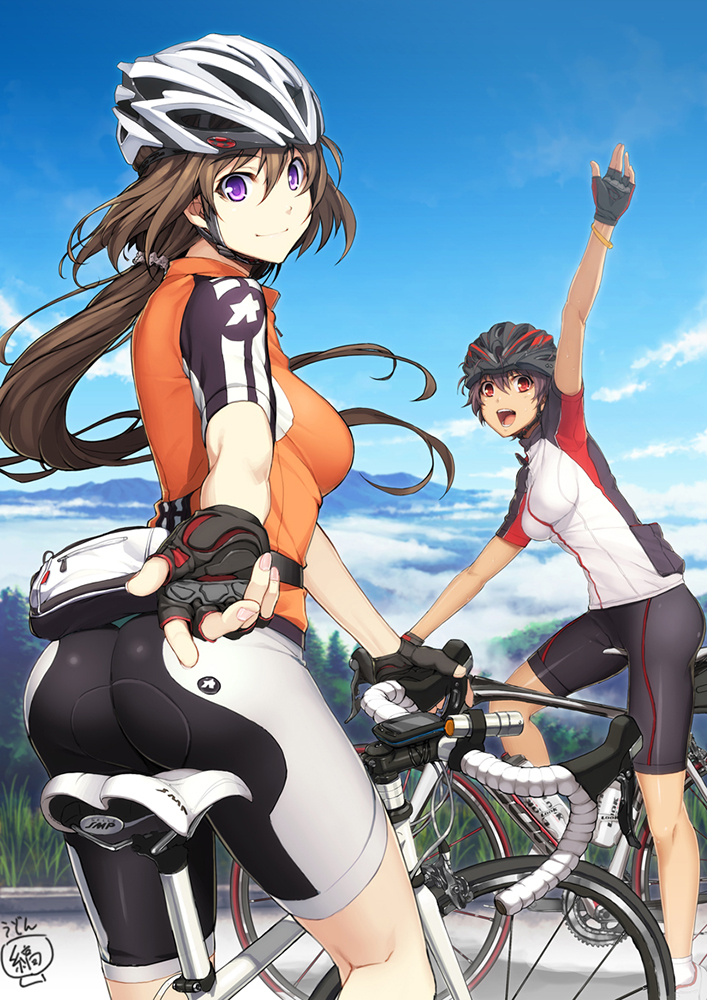 2girls :d arm_up ass bangs bicycle bicycle_helmet bike_jersey bike_shorts black_hair blue_sky bracelet breasts brown_hair chin_strap clouds cover fanny_pack fingerless_gloves floating_hair from_behind gloves grey_hair hair_between_eyes helmet jewelry kneepits light_smile long_hair long_riders looking_at_viewer looking_back low_ponytail multiple_girls nail_polish open_mouth outdoors outstretched_hand ponytail profile purple_hair red_eyes riding road shima_udon short_hair short_sleeves signature sky smile socks sportswear tree violet_eyes waving