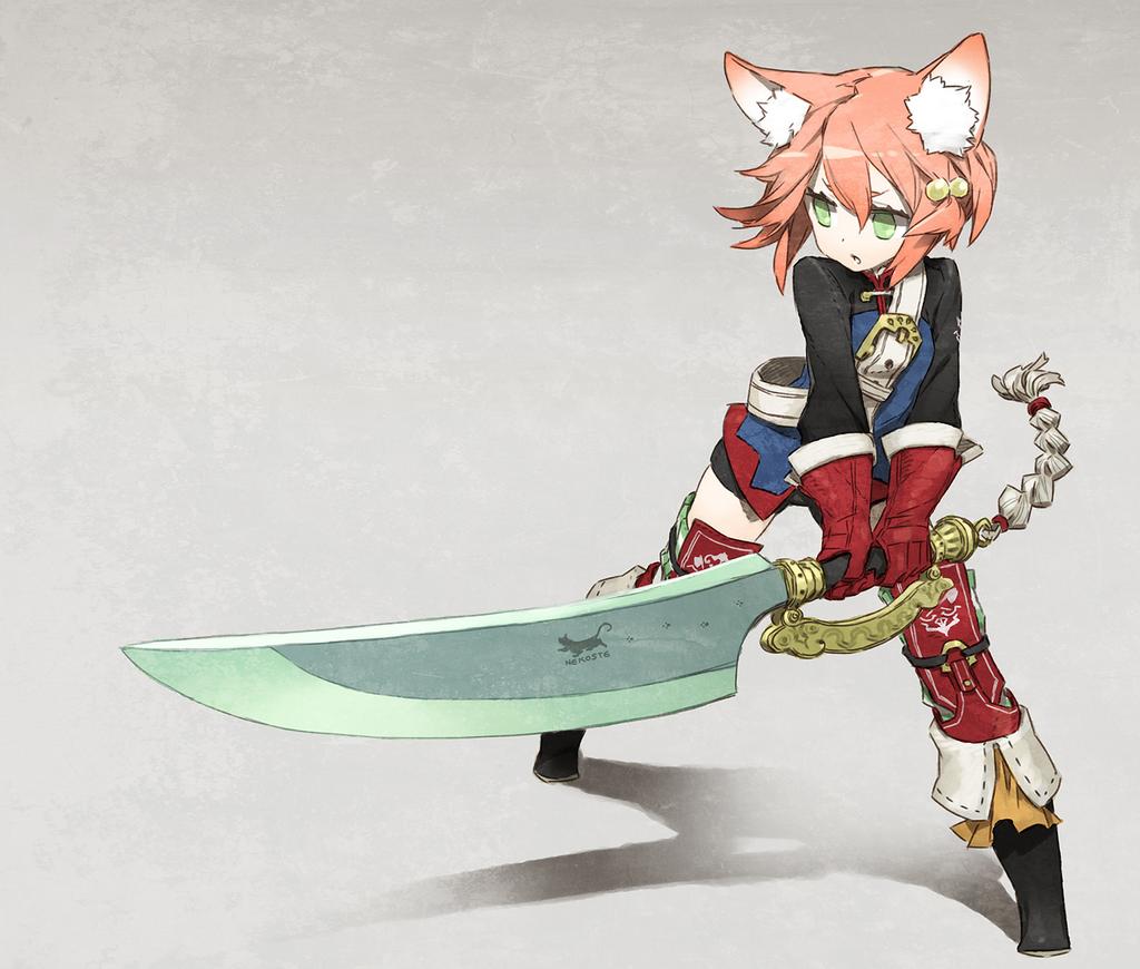 7th_dragon animal_ears boots fighter_(7th_dragon) gloves green_eyes miwa_shirou pink_hair sword thigh-highs weapon