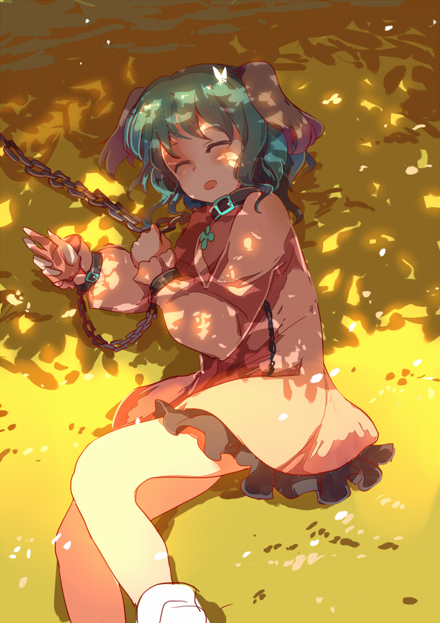 1girl animal_ears brown_dress butterfly chain chained closed_eyes collar dappled_sunlight dress green_hair kasodani_kyouko long_sleeves lying on_side open_mouth sleeping solo touhou yetworldview_kaze