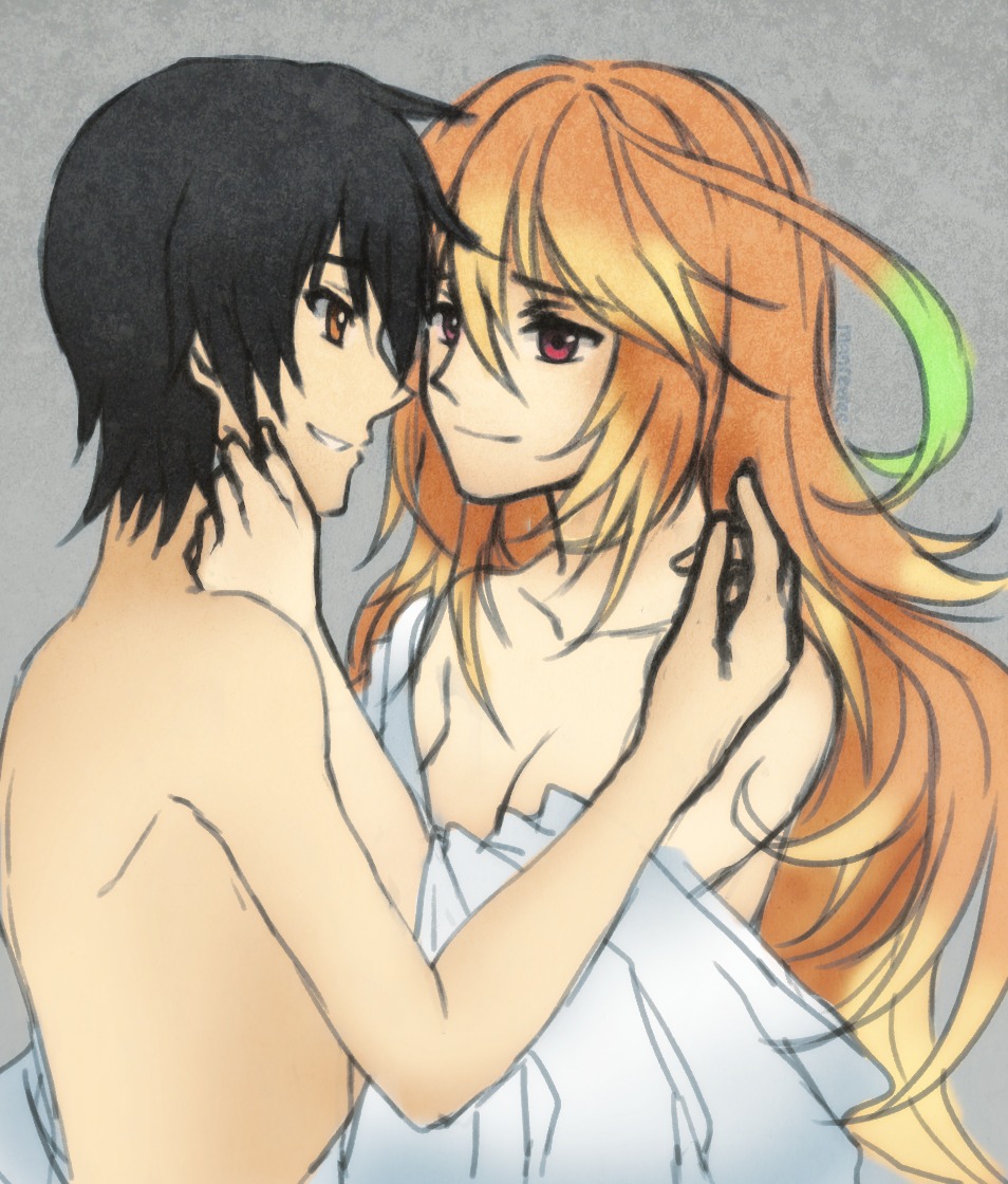 1boy 1girl bare_shoulders black_hair blonde_hair breasts brown_eyes cleavage highlights jude_mathis long_hair looking_at_another milla_maxwell multicolored_hair naked_towel red_eyes reema_and short_hair smile tales_of_(series) tales_of_xillia towel