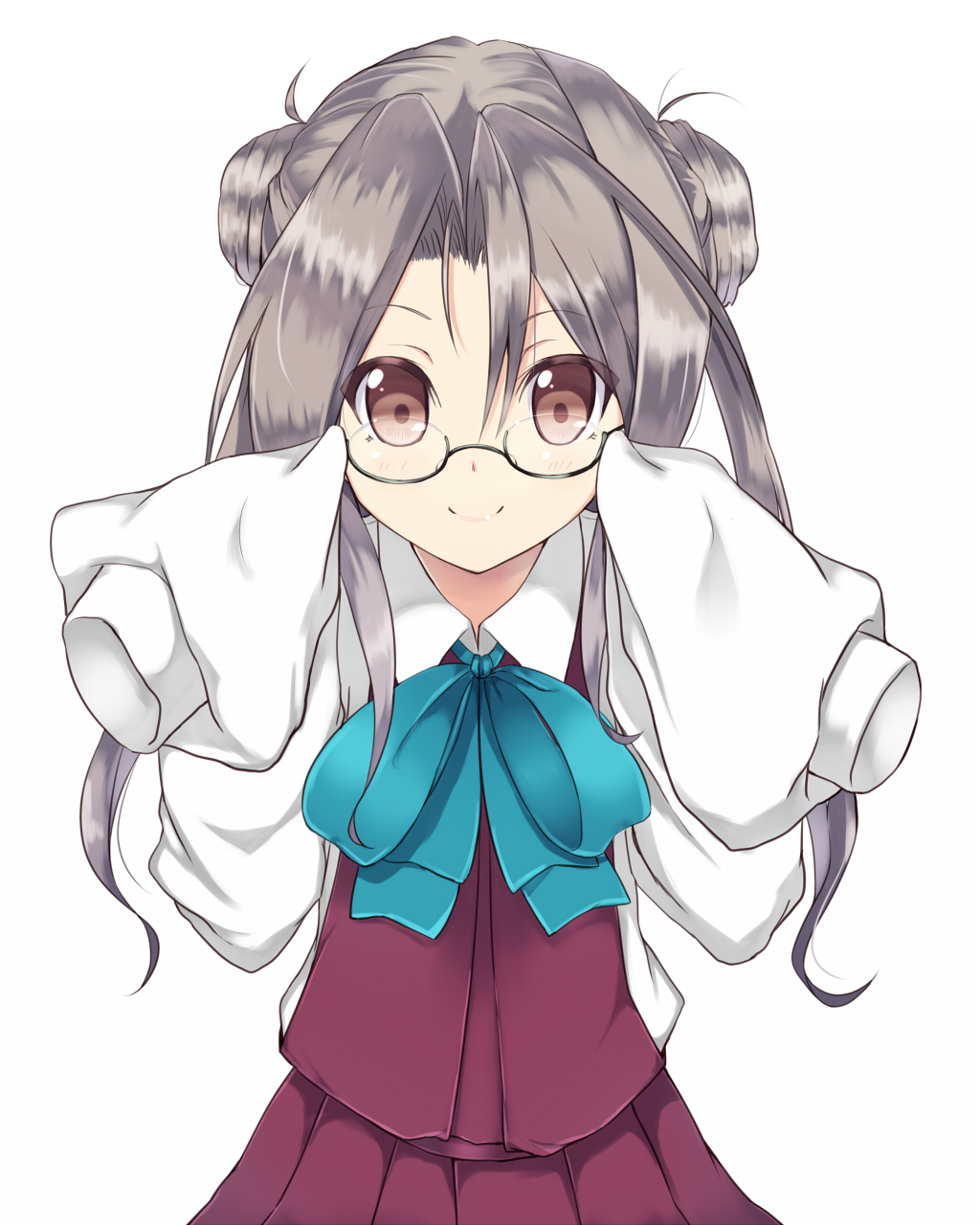 1girl adjusting_glasses alternate_hairstyle amano_kouki bespectacled bowtie brown_eyes bust cosplay double_bun glasses grey-framed_glasses highres kantai_collection makigumo_(kantai_collection) makigumo_(kantai_collection)_(cosplay) pleated_skirt purple_skirt silver_hair simple_background skirt sleeves_past_wrists smile solo twintails white_background zuihou_(kantai_collection)