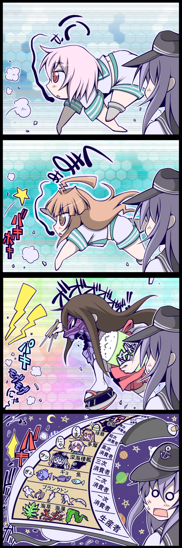 4koma 5girls ahoge akagi_(kantai_collection) akatsuki_(kantai_collection) all_fours blue_eyes brown_eyes brown_hair bucket chopsticks comic coral dashio eva_01 fish hat highres i-class_destroyer japanese_clothes kantai_collection kuma_(kantai_collection) monster multiple_girls neon_genesis_evangelion o_o open_mouth orange_hair plankton purple_hair red_eyes rice rice_bowl sandals scroll seaweed shinkaisei-kan silver_hair sparkle star sweatdrop tama_(kantai_collection) tentacles thigh-highs translated triangle_mouth wo-class_aircraft_carrier