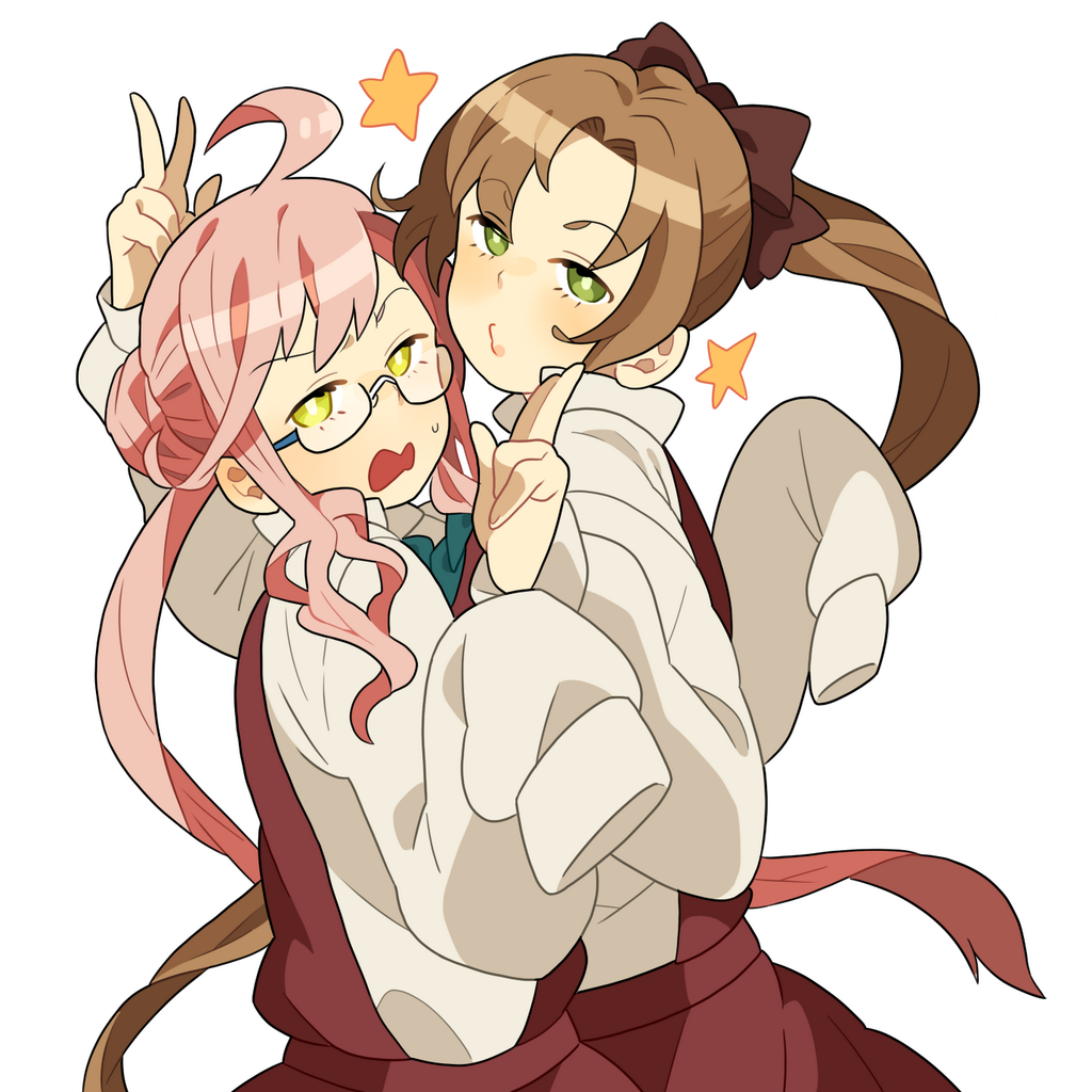 2girls akigumo_(kantai_collection) brown_hair emu_(eomou) glasses green_eyes kantai_collection makigumo_(kantai_collection) multiple_girls open_mouth pink_hair ponytail puckered_lips sleeves_past_wrists star sweatdrop v w