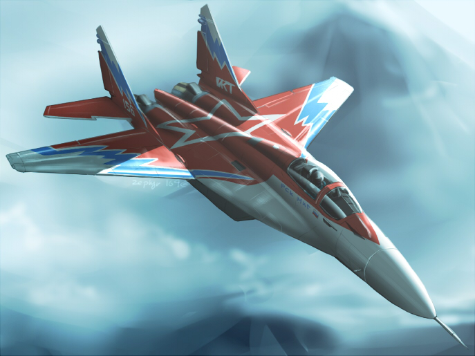 1boy airplane commentary fighter_jet flying from_above jet mig-29 original pilot signature solo zephyr164