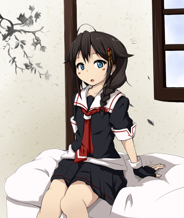 1girl ahoge bed black_gloves black_skirt blue_eyes braid brown_hair commentary fingerless_gloves gloves hair_flaps hair_ornament hair_ribbon kantai_collection long_hair necktie pleated_skirt ribbon school_uniform serafuku shigure_(kantai_collection) single_braid sitting_on_bed skirt solo suwa_dango window