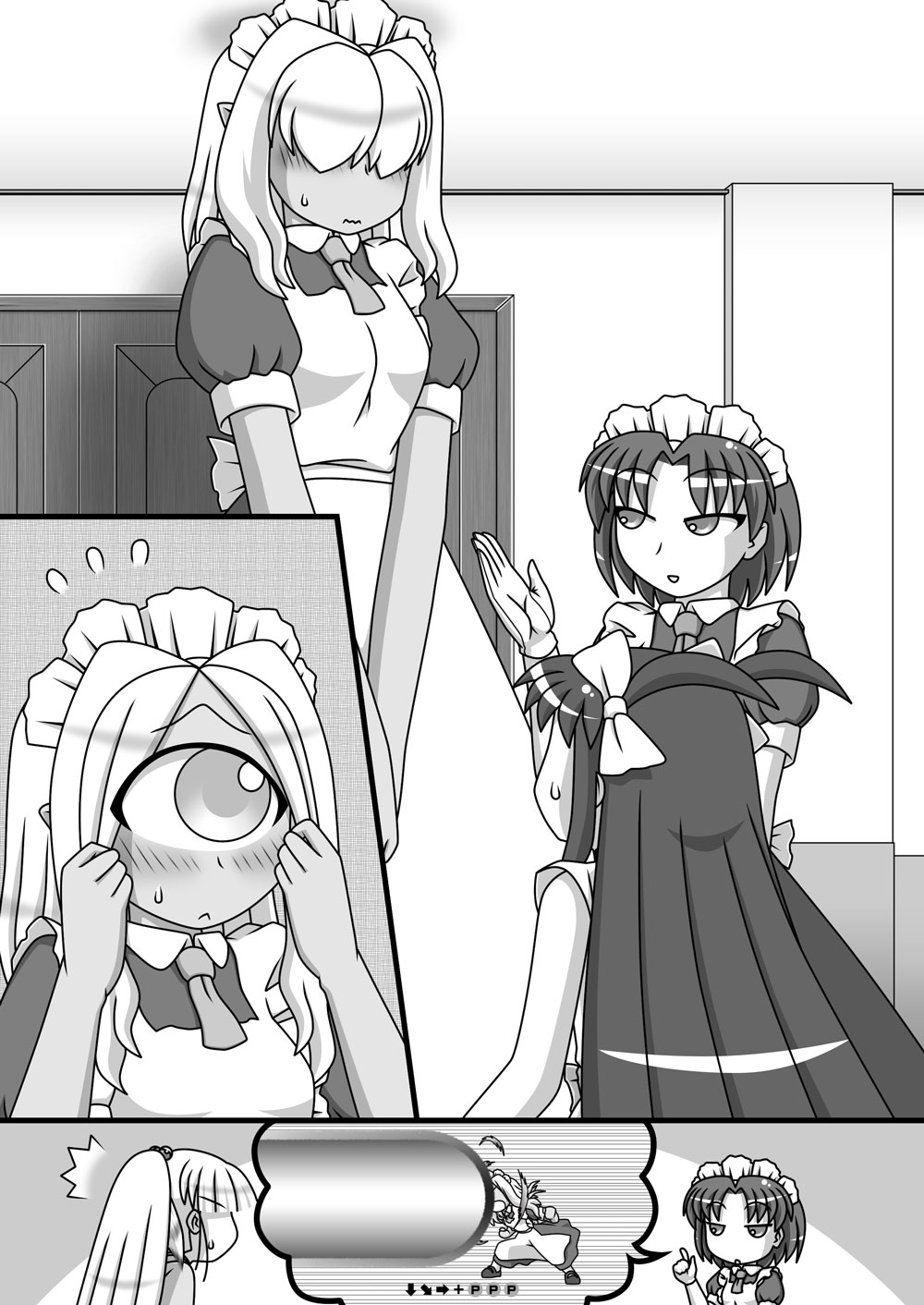 /\/\/\ 4girls apron comic commentary cyclops elza_straherz eye_beam flying_sweatdrops gameplay_mechanics hair_over_one_eye highres maid maid_apron maid_headdress monochrome multiple_girls one-eyed original puffy_short_sleeves puffy_sleeves rakurakutei_ramen ran_straherz short_sleeves silent_comic silver_hair surprised two_side_up wavy_mouth