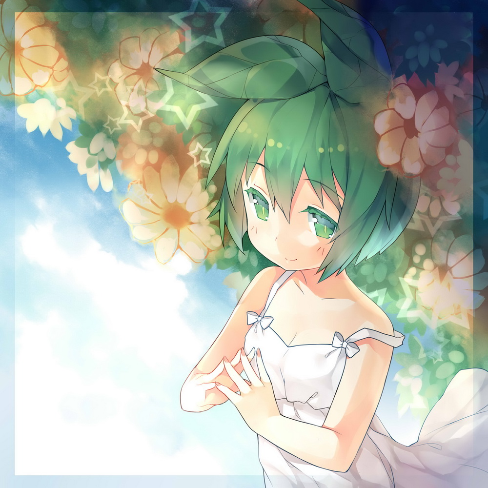 1girl borrowed_character collarbone dress flower green_eyes green_hair hands_together looking_at_viewer original saru short_hair smile solo white_dress