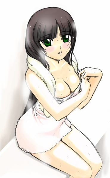 blush breasts cleavage gad_guard green_eyes long_hair naked_towel sauna shinozuka_arashi sweat towel very_long_hair