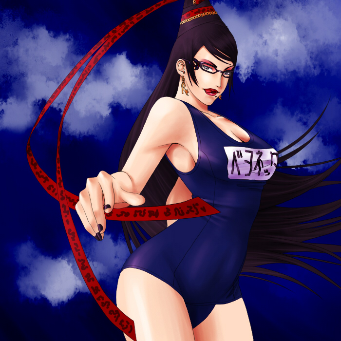 bayonetta bayonetta_(character) black_hair earrings glasses grey_eyes knit_wear long_hair mole red_ribbon ribbon swimsuit