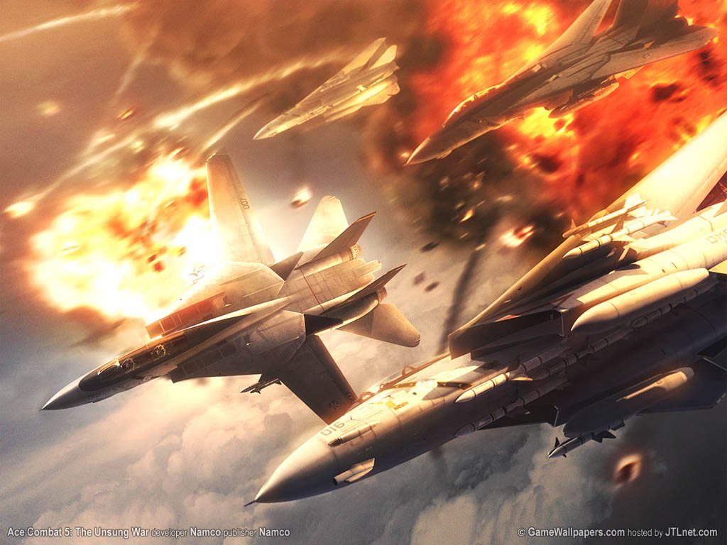 ace_combat ace_combat_5 aircraft airplane diving drop_tank explosion f-14_tomcat fighter_jet multiple_aircraft tagme