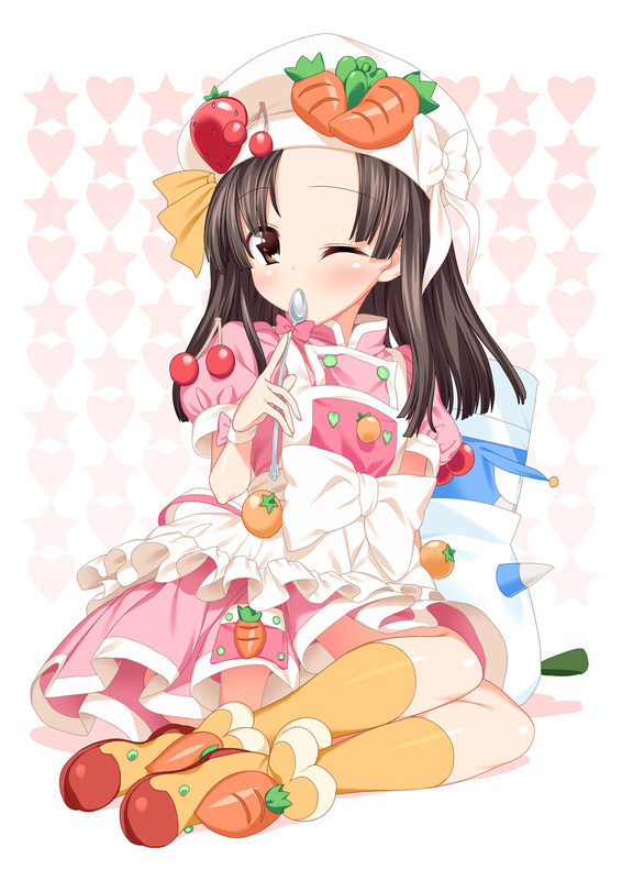 ai!_mai!_main! apron blush carrot cherry cooking_idol_ai!_mai!_main! food food_themed_clothes fruit hat hiiragi_main hiiragi_mine solo spoon strawberry suzume_inui vegetable wink