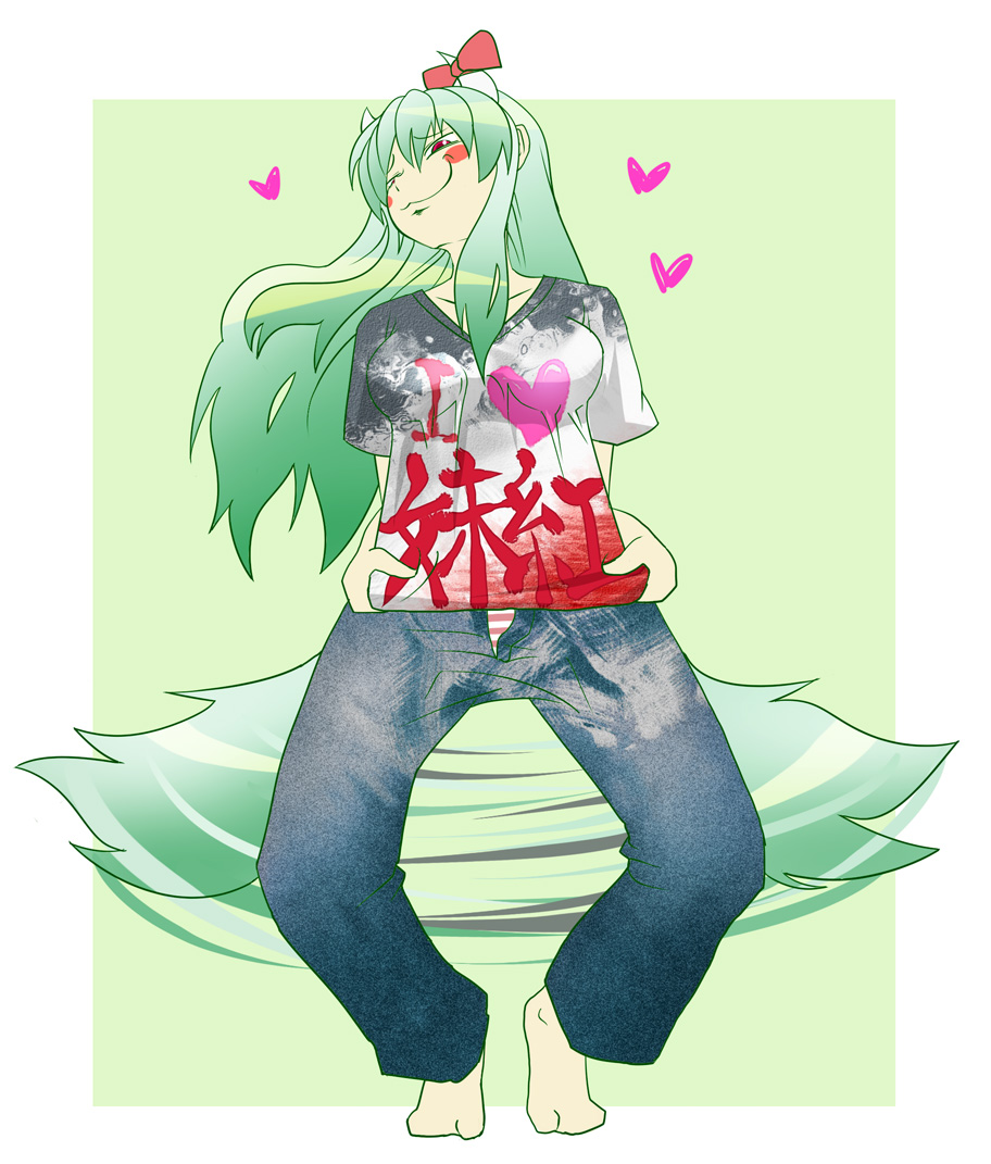 aduman alternate_costume azzie_(az_man_studios) bad_id barefoot clothes_writing contemporary ex-keine ex_keine green_hair heart horn_ribbon horns kamishirasawa_keine long_hair naughty_face panties pants rape_face red_eyes ribbon smirk striped striped_panties t-shirt tail tail_wagging touhou underwear unzipped wagging you_gonna_get_raped
