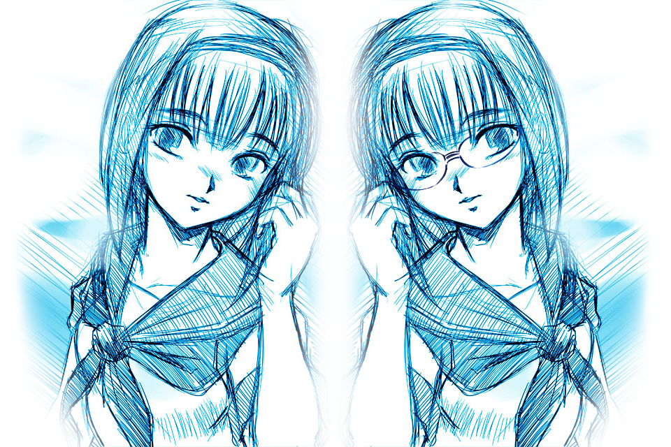 2girls aoi_minatsuki blue clone glasses hairband kobayakawa_rinko love_plus monochrome multiple_girls school_uniform serafuku short_hair sketch