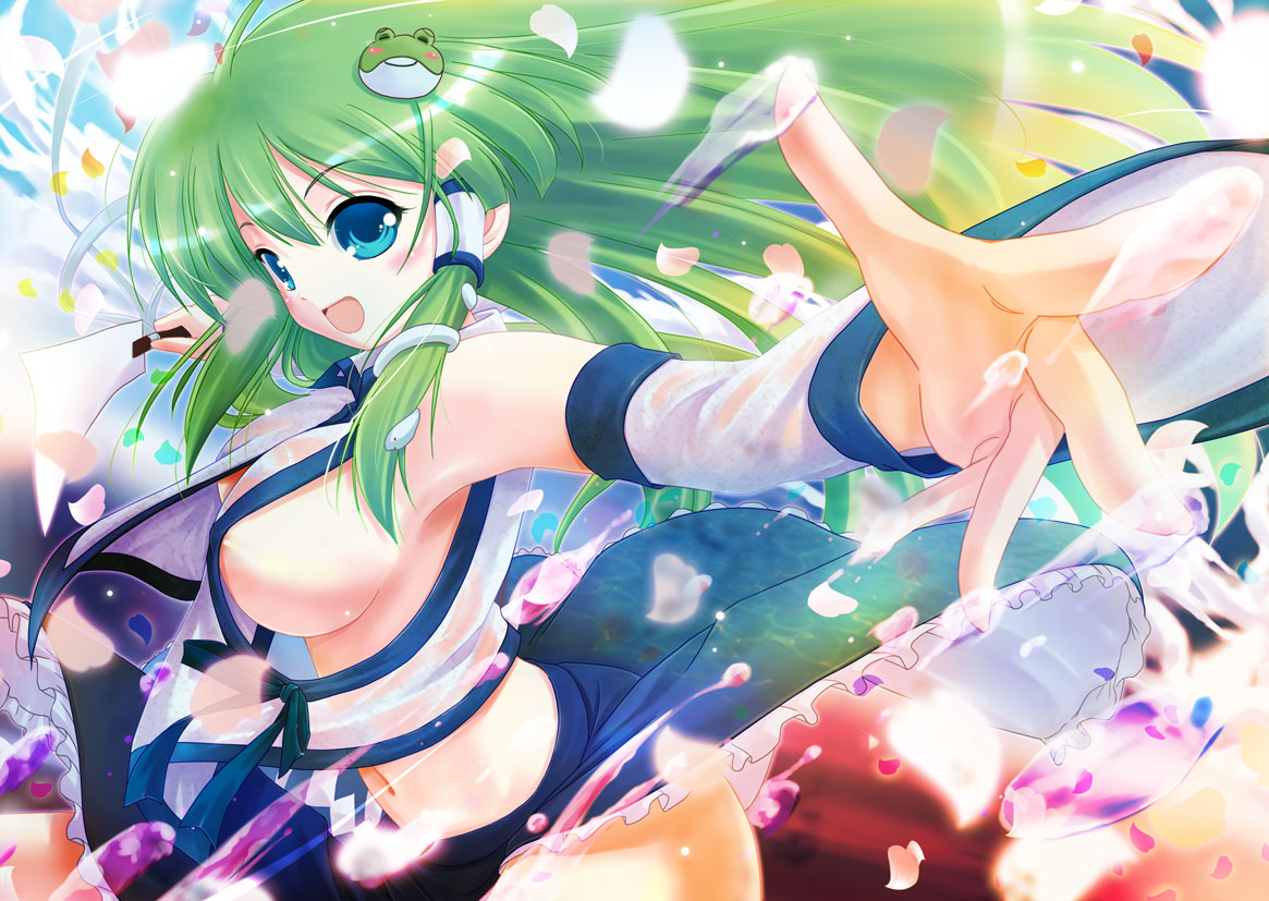breasts detached_sleeves frog green_hair hair_ornament kochiya_sanae large_breasts midriff navel outstretched_arms pooru porurin_(do-desho) sideboob snake spread_arms touhou