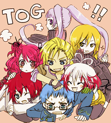 4boys asbel_lhant blonde_hair blue_eyes blue_hair cheria_barnes glasses gloves hubert_ozwell long_hair lowres malik_caesars multicolored_hair multiple_boys multiple_girls pascal purple_eyes purple_hair red_hair redhead richard richard_(tales_of_graces) short_hair sophie_(tales_of_graces) tales_of_(series) tales_of_graces title_drop tora_kaede twintails two-tone_hair two_side_up violet_eyes wink yellow_eyes