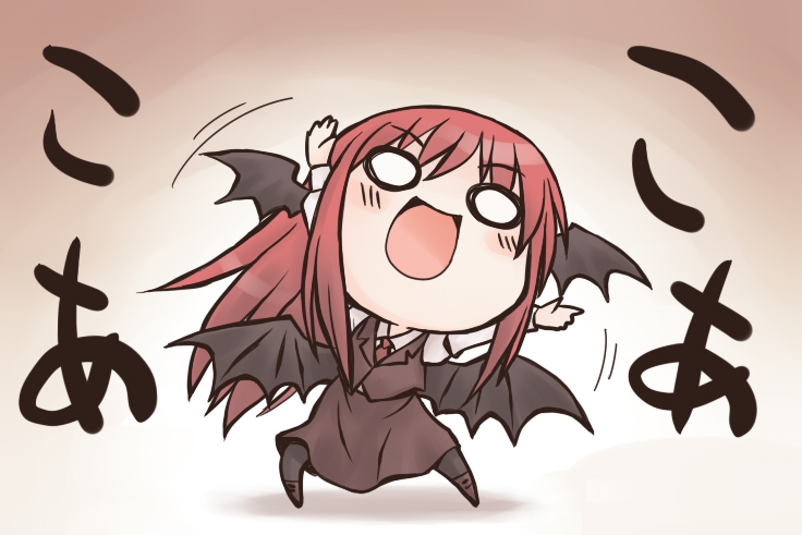 &gt;:) &gt;:d bat_wings blush chibi dress_shirt head_wings headwings koa_(phrase) koakuma long_hair long_sleeves necktie nekoguruma o_o open_mouth pantyhose red_hair redhead shirt skirt skirt_set smile solo touhou translated vest white_shirt wings