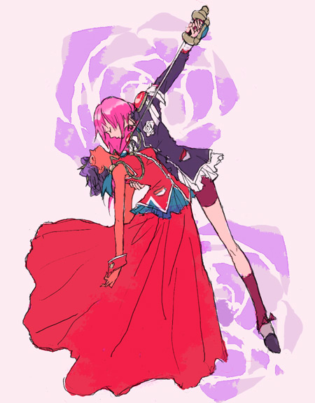 closed_eyes dress glasses himemiya_anthy pink_hair purple_hair school_uniform shoujo_kakumei_utena sword tenjou_utena weapon