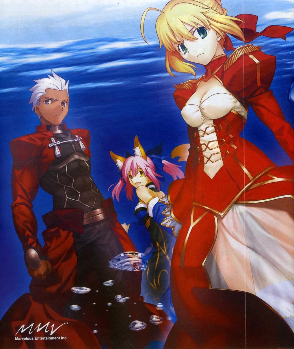 animal_ears archer blonde_hair caster_(fate/extra) dark_skin epaulettes fate/extra fate/stay_night fate_(series) fox_ears fox_tail green_eyes hair_ribbon highres japanese_clothes official_art pink_hair ribbon saber saber_extra scan scan_artifacts see-through tail takeuchi_takashi twintails white_hair yellow_eyes
