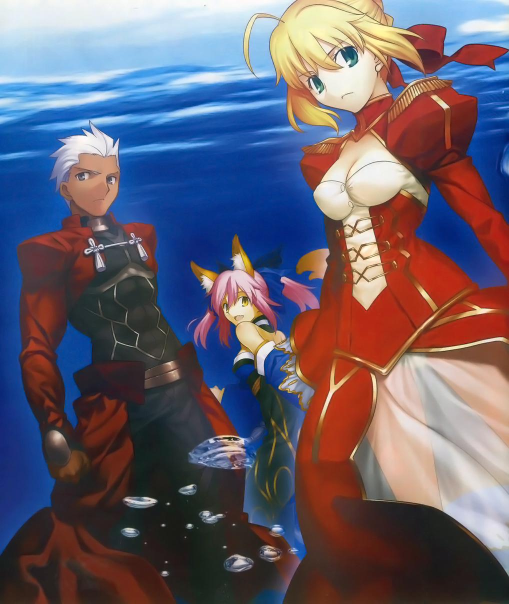 animal_ears archer blonde_hair caster_(fate/extra) dark_skin dress epaulettes fate/extra fate/stay_night fate_(series) fox_ears fox_tail green_eyes hair_ribbon highres japanese_clothes official_art photoshop pink_hair ribbon saber saber_extra scan see-through tail takeuchi_takashi twintails white_hair yellow_eyes